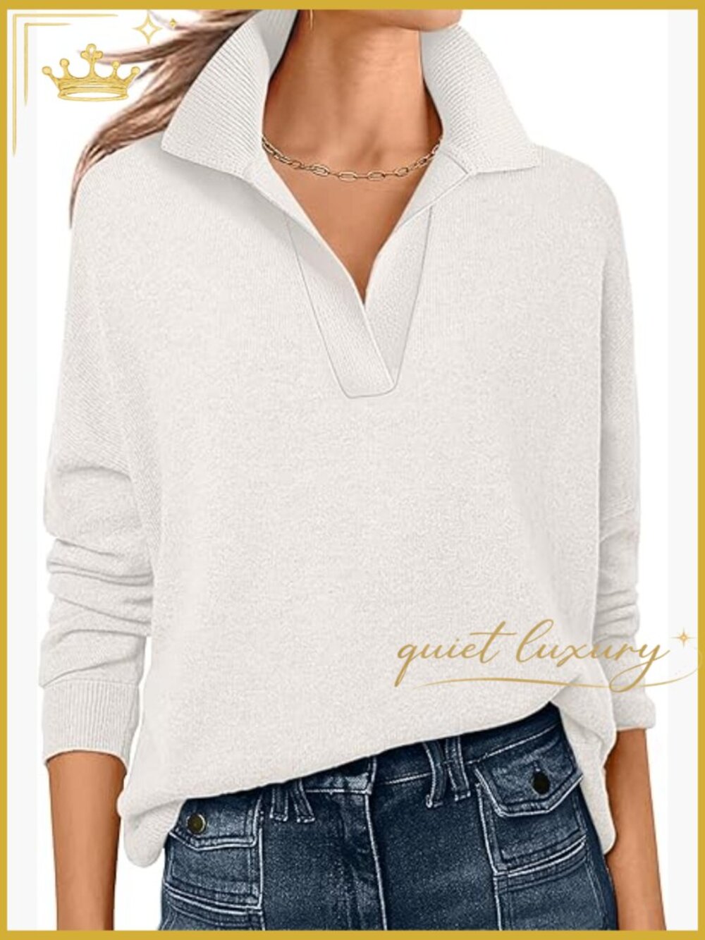 Women's Polo V Neck Long Sleeve Sweater Lightweight Knit Pullover Top Business